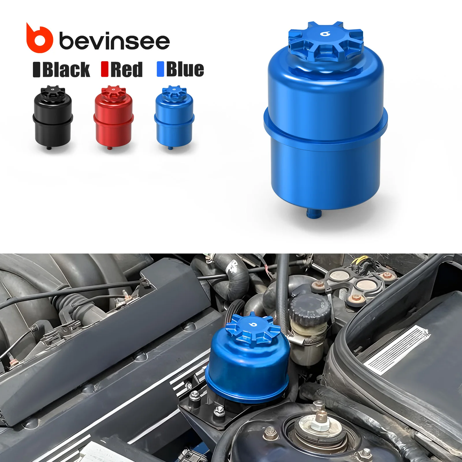BEVINSEE Aluminum Power Steering Reservoir Kit for BMW E39 E60 E61 E90 E92 E46 E36 E30 E87 E82 Z3 Z4, Replace for 32416851217