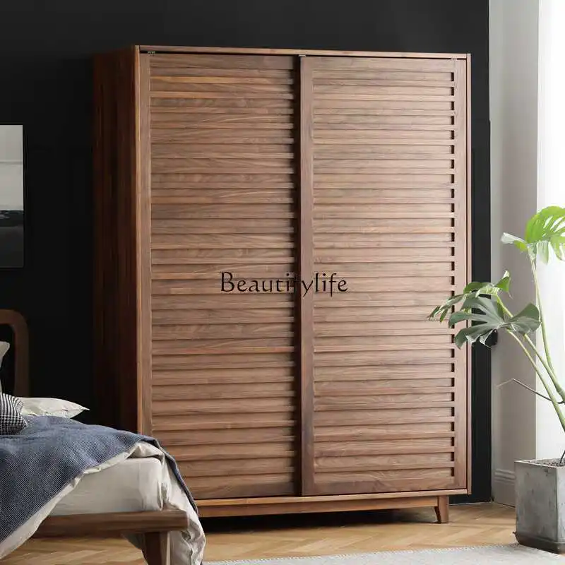 North American black walnut sliding door wardrobe all solid wood simple combination shutter sliding door