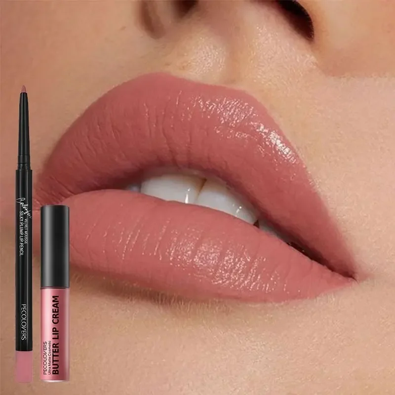 Juego de esmalte de labios Nude Butter + Lápiz Delineador de labios, brillo de labios impermeable de larga duración para mujeres, cobertura completa, efecto suave, 1 Juego