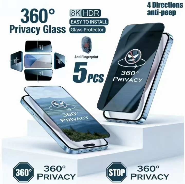 

1-5 шт. Защитное стекло 360 Privacy Tempered Glass для iPhone 17, 17 Pro Max, 17 Pro, 16 Plus, 16e, 15 Pro, 14, 13, 12, 11, 17 Air, XR, антишпионская защита экрана