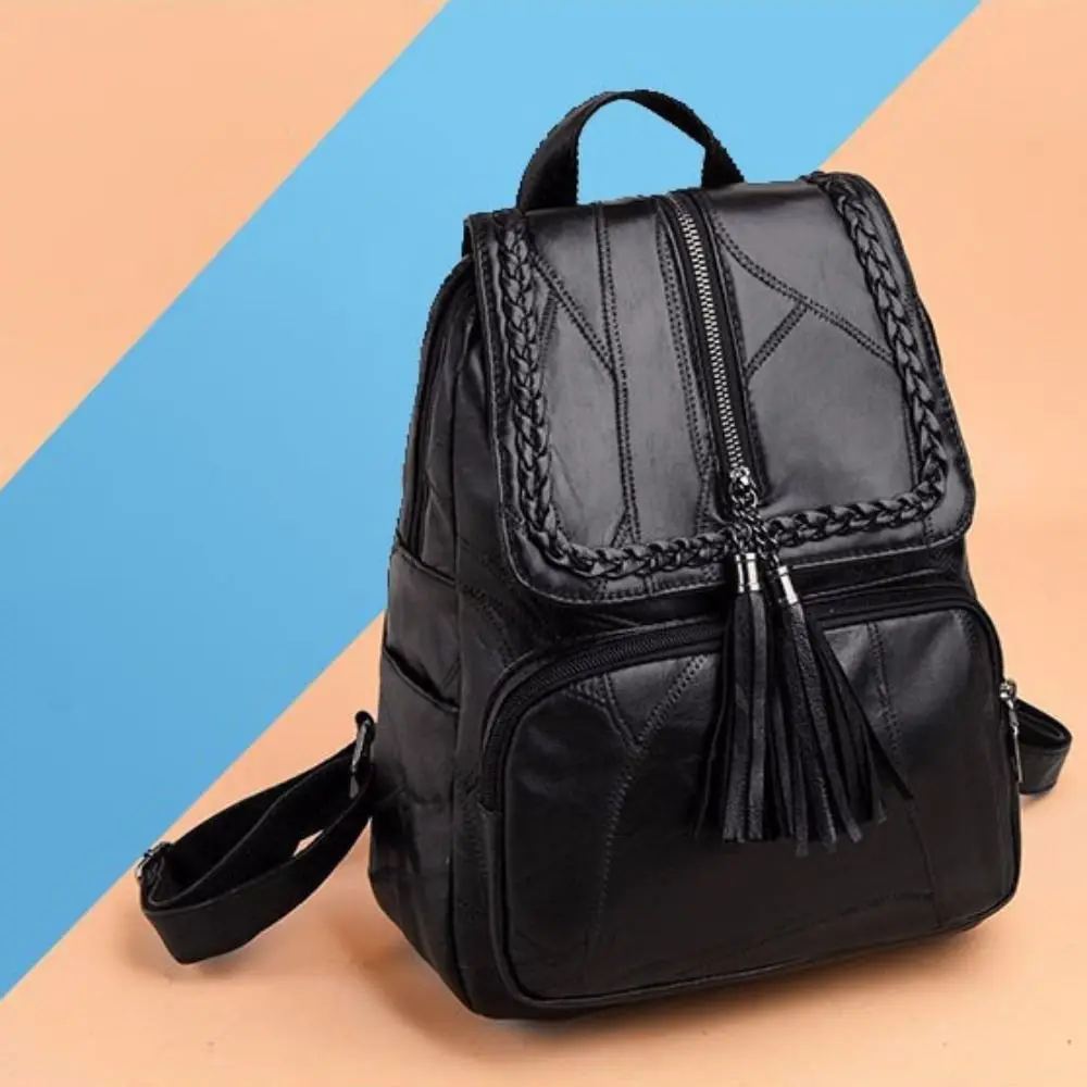 Sweet Solid Color PU Leather Backpack Zipper Black Tasse Shoulder Bag Korean Style Soft Students School Bag Lady