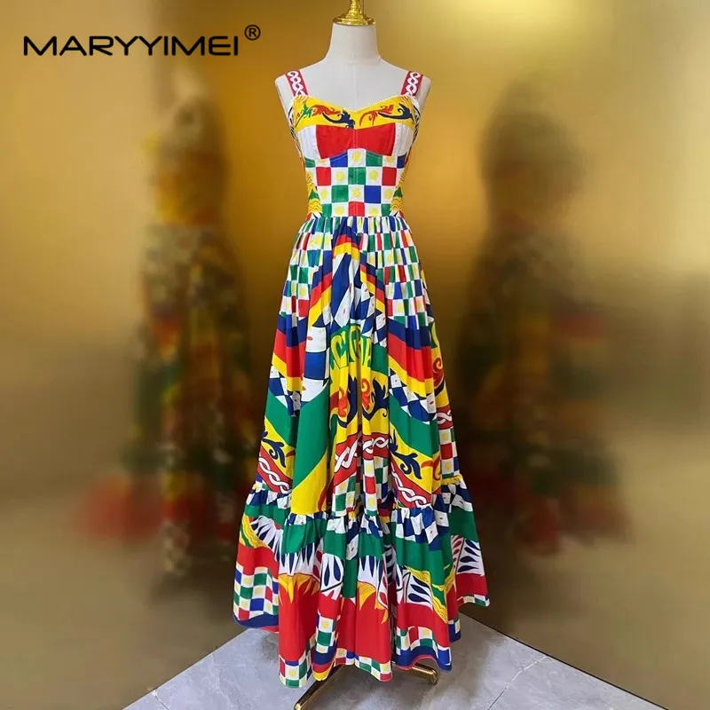 MARYYIMEI 100% Cotton Dress Strapless Elastic High Quality Vintage Sicily Flower Print Plaid Colorful A-Line Midi Elegant Female