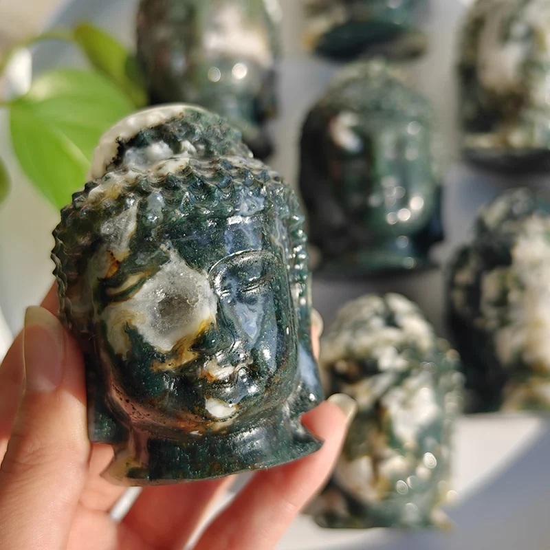 Natural Moss Agate Buddha Head Crystal, Healing Carving Figurine, Polished, Fengshui Green Gemstones Sculpture Crafts Home Decor