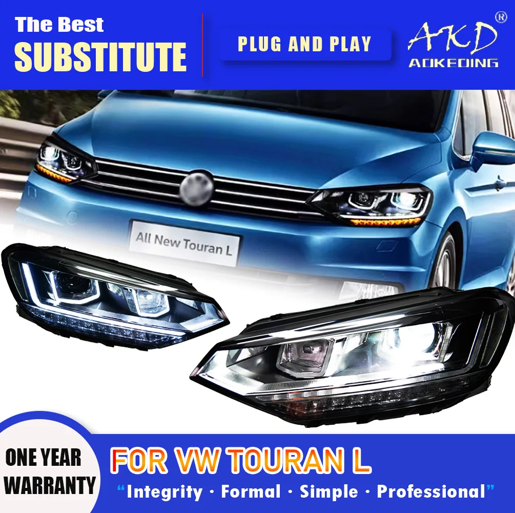 

Фара AKD для VW Touran L, светодиодная фара 2016-2021, фары Touran L DRL, указатель поворота, дальний свет, линза проектора «ангельский глаз»