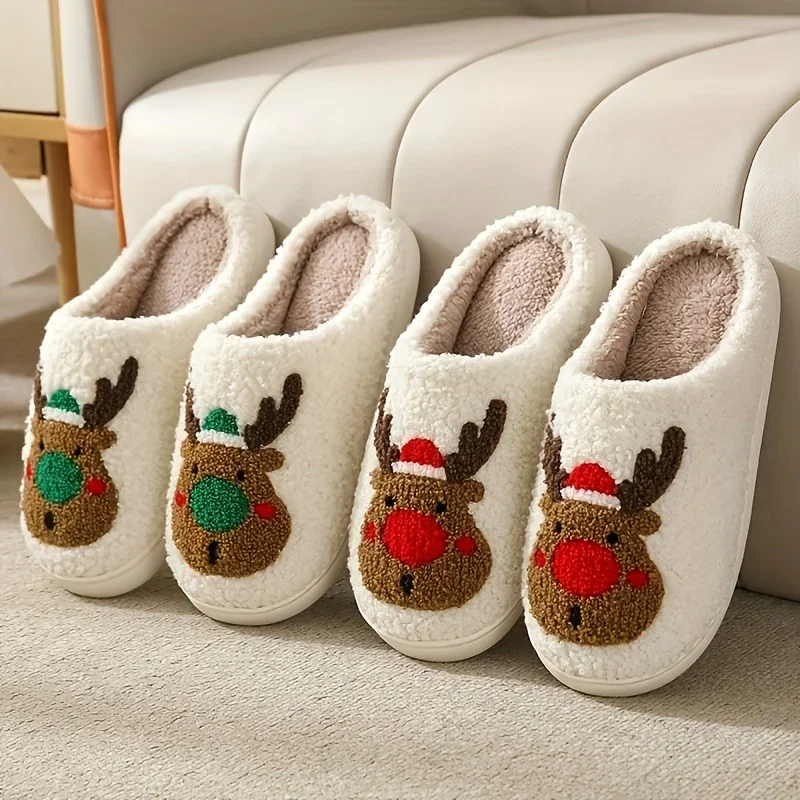 Cartoon Christmas Deer Print Slippers Women 2023 Winter Warm Slip on Non-slip Fuzzy Home Slippers Plush Cozy Indoor Shoes Slides