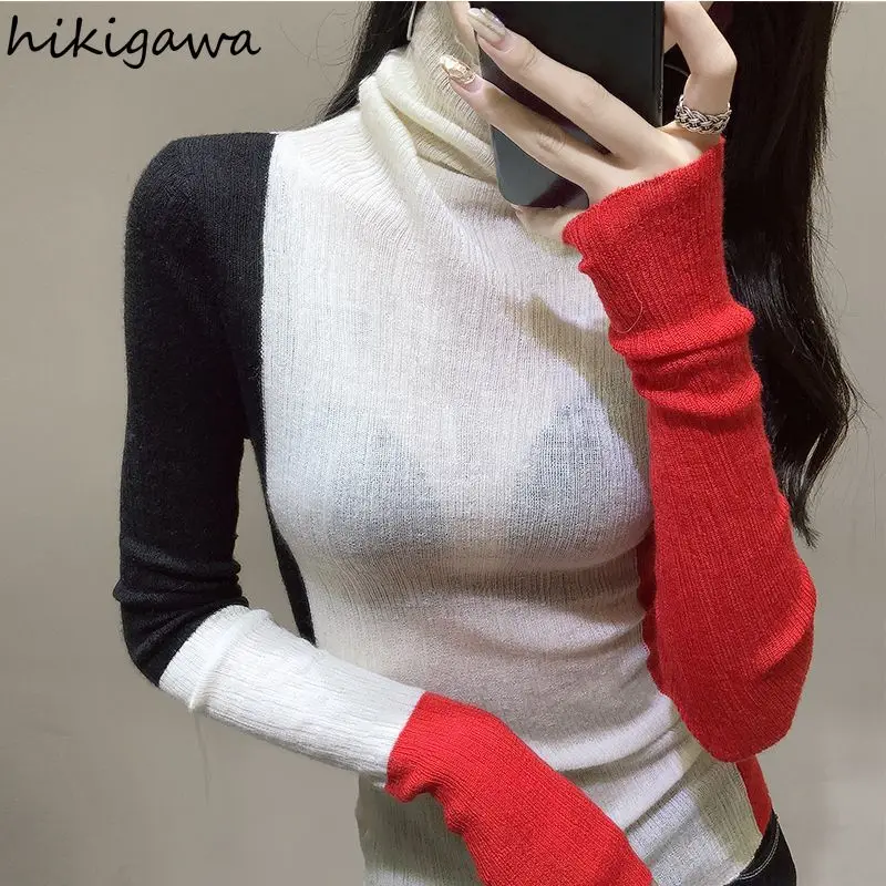 Contrast Color T Shirts Women Turtleneck Long Sleeve Tunic Tees Fashion Korean Camisetas 2024 Ropa Mujer Casual Knit Thin Tshirt