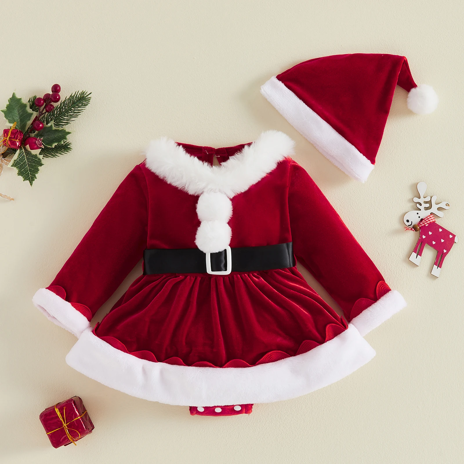 Baby Girl Christmas Outfit Plush Furry Trim Crew Neck Long Sleeve A Line Romper Dress with Belt and Hat 3 Pcs Set