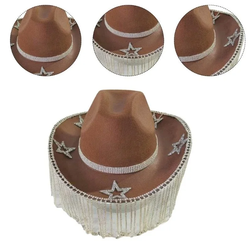

L5YB Fringed Rhinestones Cowboy Hat Music Festival Cowgirl Hat Cool Blingbling Sun Hat