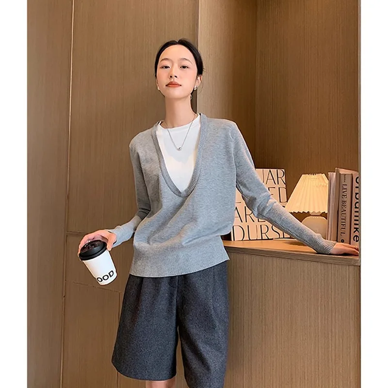 Vintage Style Women Spring Autumn Fake Two Piece U Neck Knit Sweater Slim Layered Inner Base Top