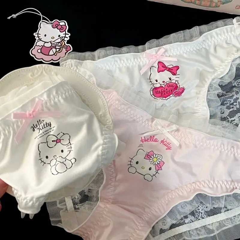 Kawaii Hello Kitty Lace Underwear Lace Sweet Printing Briefs Female Boxes Panties Underpants Clothes Girl Soft Birthday Gift