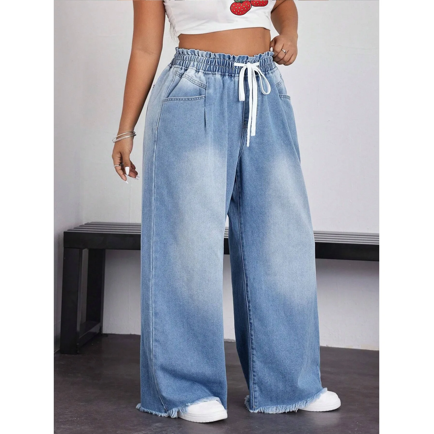 Women's large-size new drawstring, elastic waist wide-leg jeans, burrs, old washed pants, thin and tall