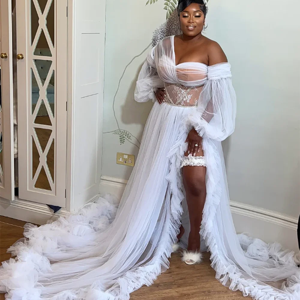 African White Wedding Dress Bridal Shower Robe Dress Sweetheart Long Sleeves Side Split Ruched Ruffles Bride Robe Customzied