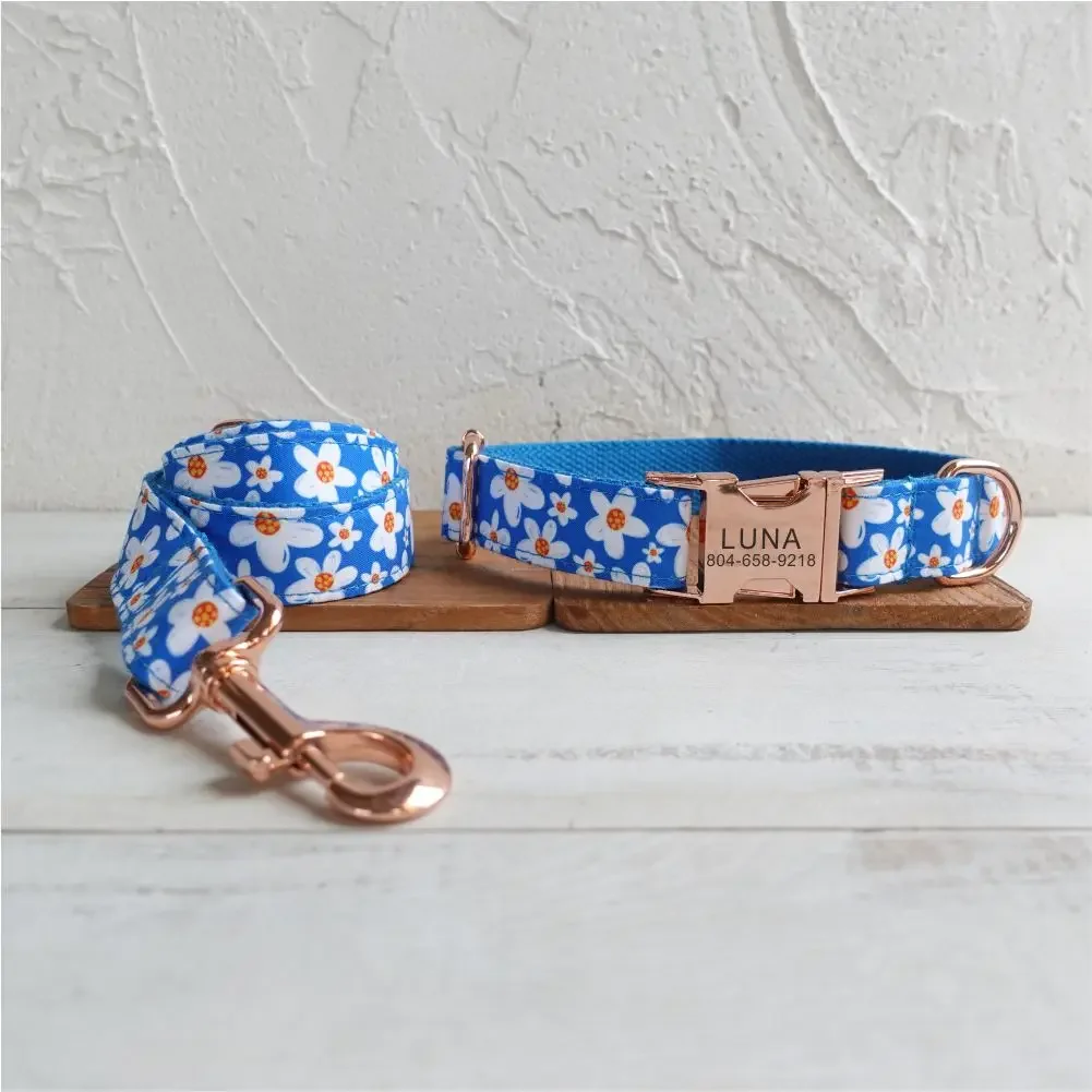 Personalized Dog Collar with Free Engraving, Matching Pet Leash,Customzied Contacts Metal Buckle, Blue Daisy Puppy Collar