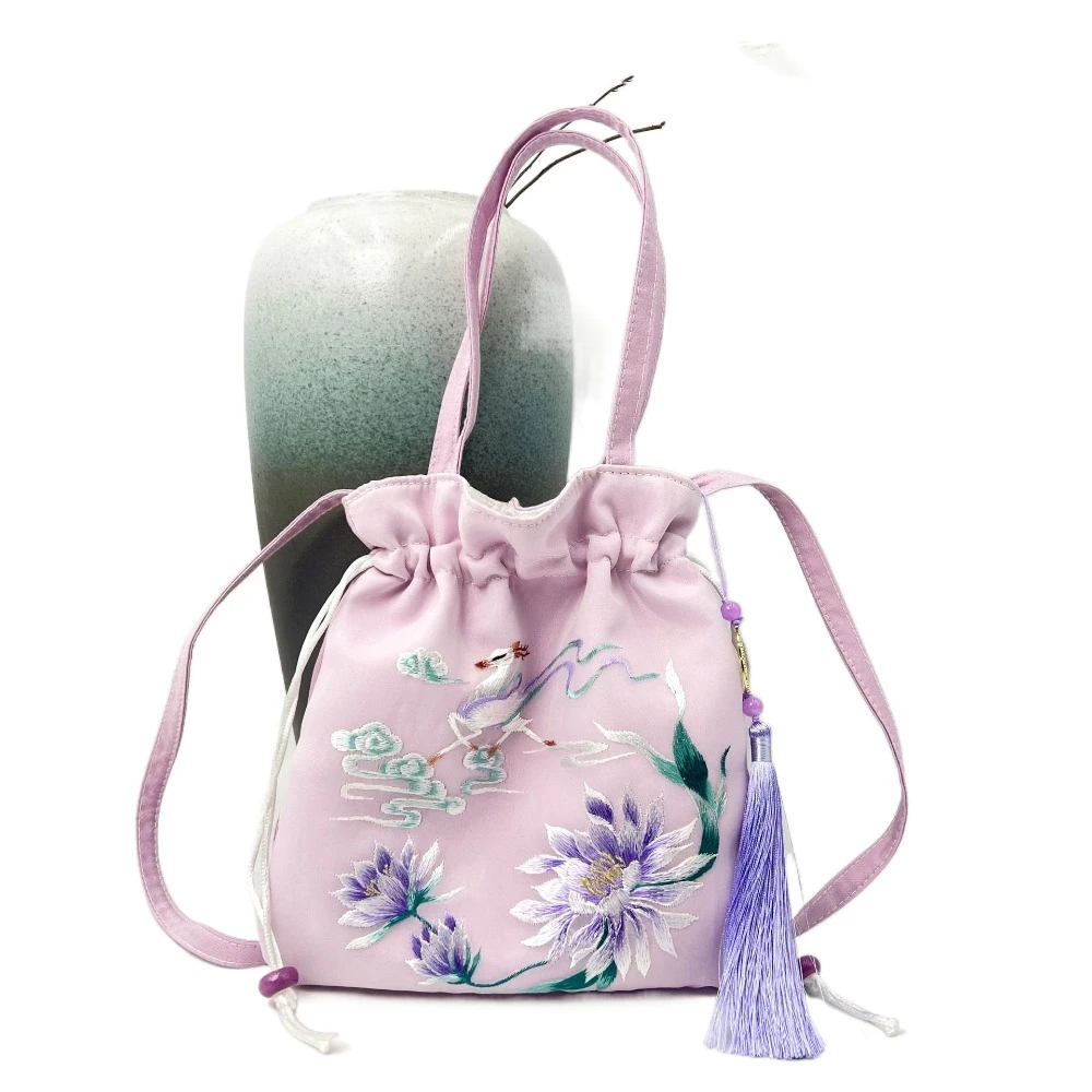 

Elegant Chinese Style Drawstring Bucket Bag Organza Flower Hanfu Embroidery Handbag Lanyard Tassel Pendant Small Purse Bag