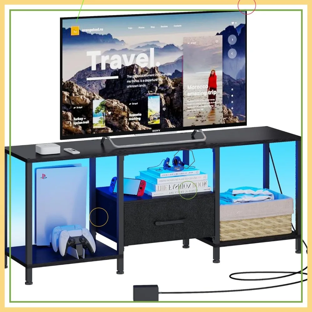 

Modern TV Stand with LED Lights, Open Shelves & Fabric Drawer for 55 Inch TVs, Entertainment Center in Black