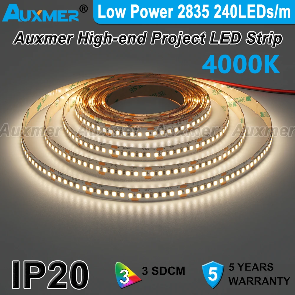 High Power 2835 LED Strip Light 240LEDs/m,38.4W/m CRI95/90,12mm PCB 24V High Density 1200LEDs/Reel Dimmable LED Lights for Room