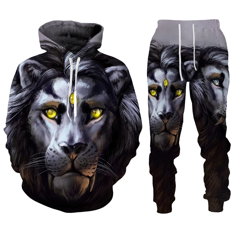 Trend Animal The Lion 3D Print Men\'s Tracksuit Sets Casual Hoodie And Pants 2pcs Sets Oversized Sweatshirt Fashion Men Clothing