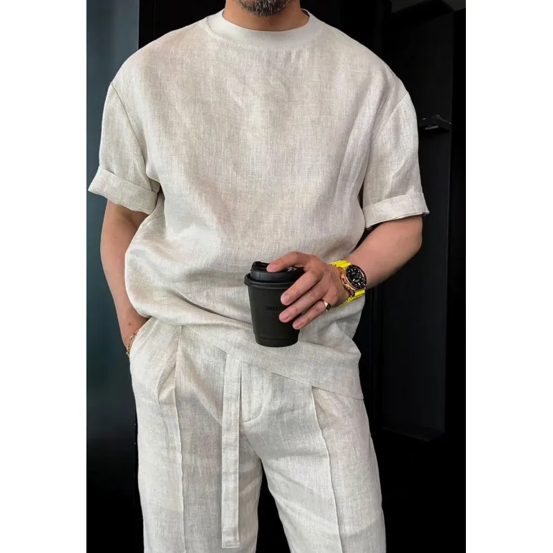 Summer Linen Breathable Men's Short-sleeved T-shirt+shorts Suit Classic Solid Casual Two-piece Sets High Quality Men Clothing
