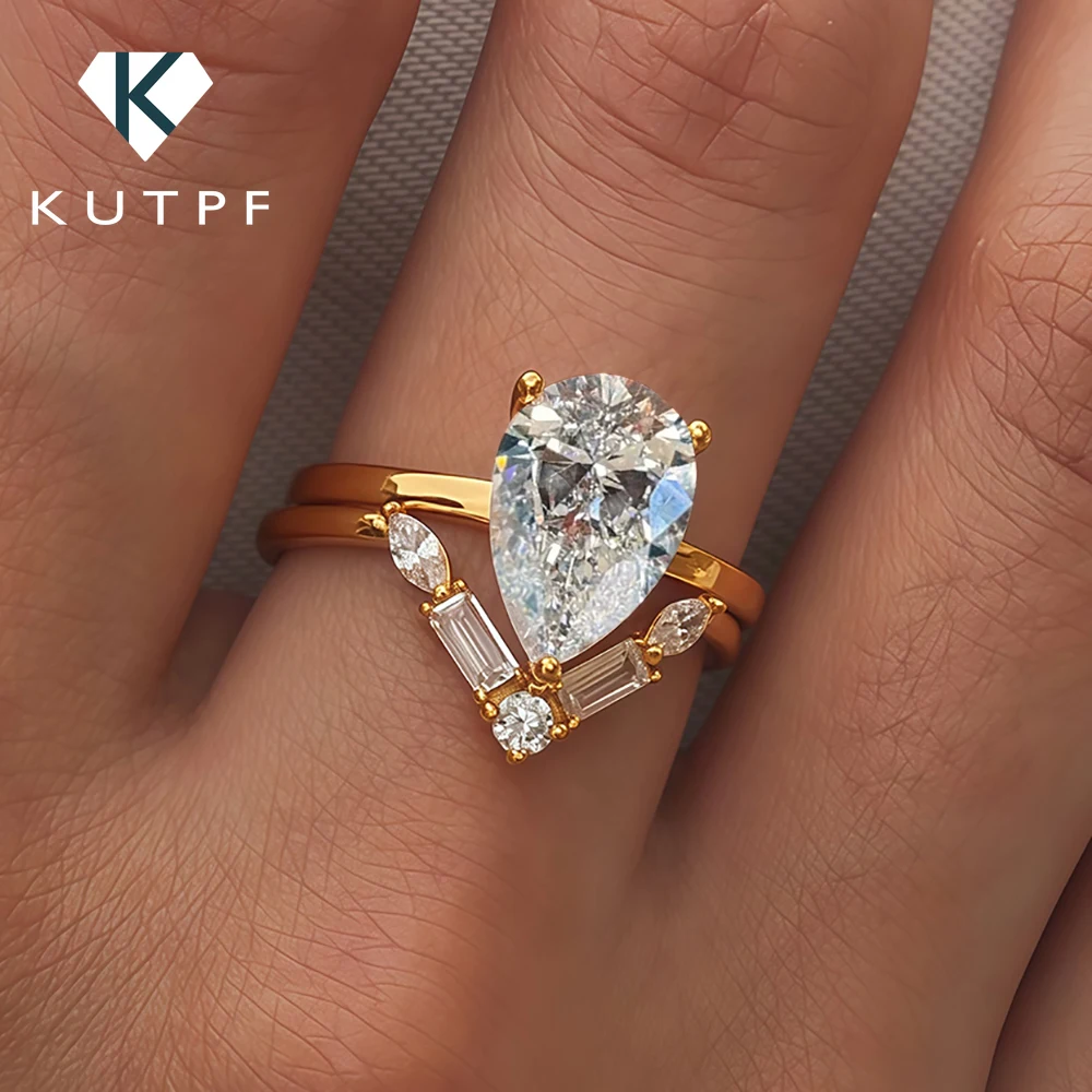

Gra Certified 4Carat Waterdrop Moissanite Stack Rings Set for Women 925 Silver Plate Yellow Gold Pear Cut Diamond Wedding Band