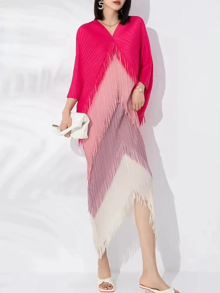 ANLAN Tassels Pleated Dress For Women V-neck Batwing Sleeves Patchwork Evening Dresses Fashion Female Clothes 2024 New 6LA5962