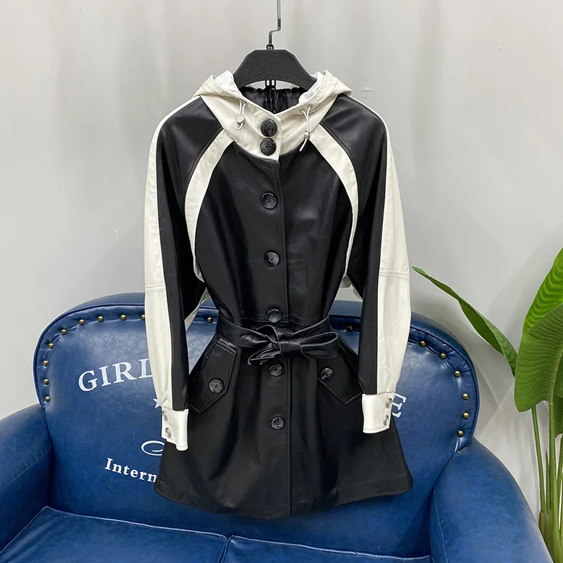 Lederen Capuchon Dames Jaet Bla Witte Kleur Blo Loose Fit Herfst Winter Nieuwe Sle Lange Sve Halflange Jas eepskin