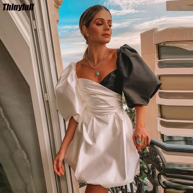 

Thinyfull A-line Black/White Short Evening Party Dresses Puffy Sleeves Prom Dress Satin Homecoming Gown Robe De Soirée 2024