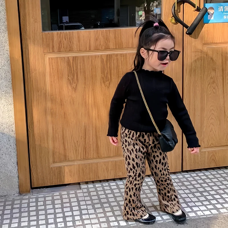 Leopard Infant Girls Pants Toddler Kid Baby Girl Clothes Autumn Winter Warm Flares Pants Childrens Bottoms Fashion Trousers 1-7Y