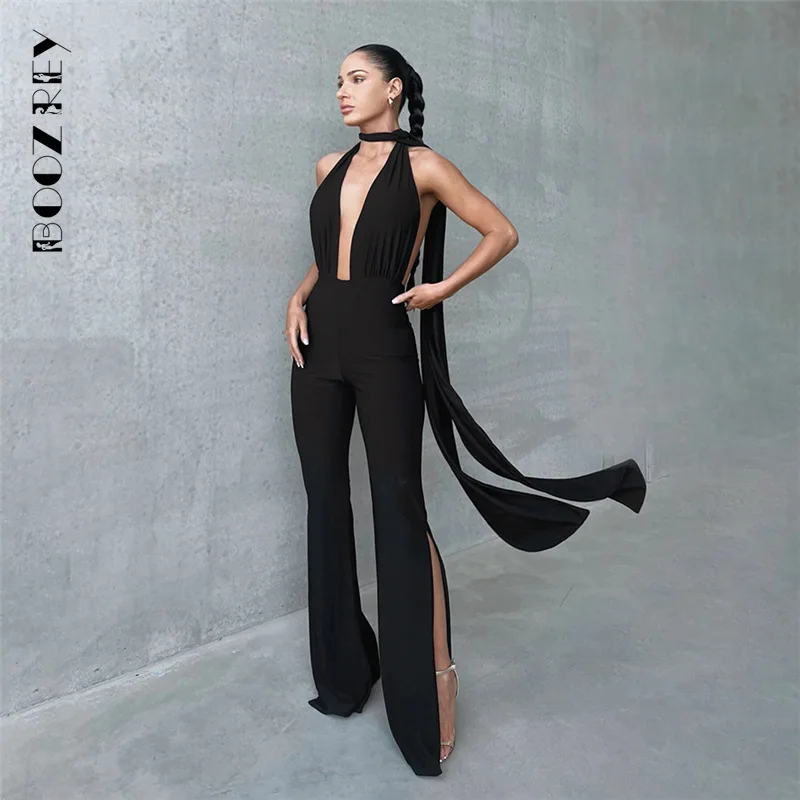 

BoozRey Halter Sexy Hollow Out Backless Deep V Jumpsuit for Women Summer Slim High Waist Slim Slit Sleeveless Trousers Outfits
