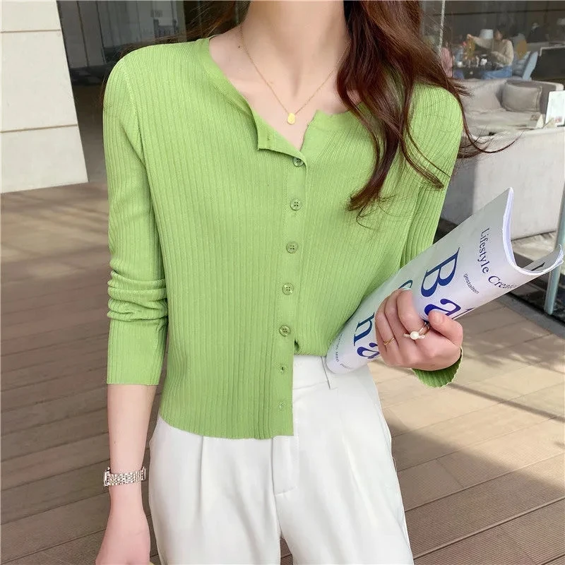 Knitted Cardigan Women Solid Color Simple V-neck New Summer Slim Single-breasted Solid Elegant Knitting Sun-proof Standard Femal