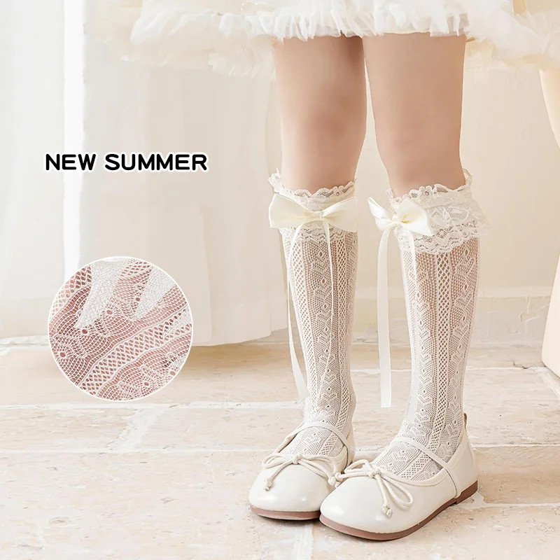 

1 Piri girl Sweet Lace Bow Ribbon bow calf sock for kids girl heart style hollow frill pile sock soft coon school sdock