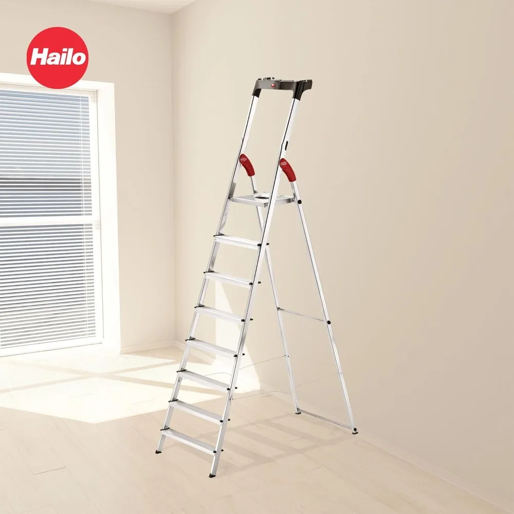 Escalera de tijera plegable de aluminio de 8 escalones, capacidad de 330 lb, escalones antideslizantes, riel de seguridad, plataforma de acero, herramienta mejorada para estabilidad a