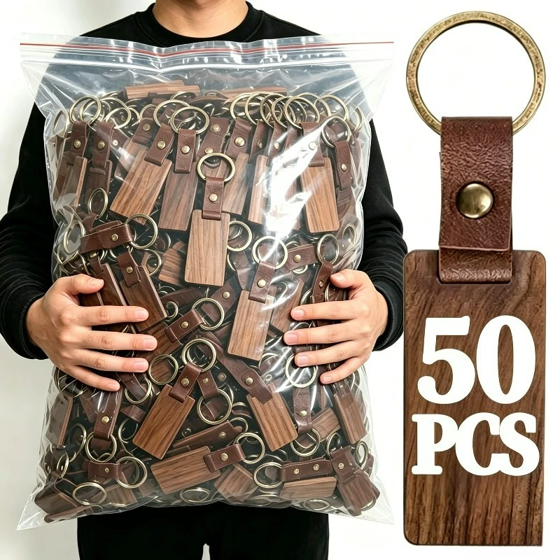 50-個-diy-木製ブランクキーリングシンプルなラウンド-長方形キーホルダー木製-pu-レザーチェーンジュエリー友人用キーリング
