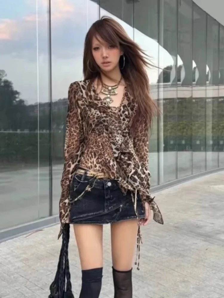 Deeptown Y2k Vintage Leopard Women Blouses Japanese Style Harajuku Ruffled Shirts Slim Grunge Sexy V-neck Irregular Aesthetics