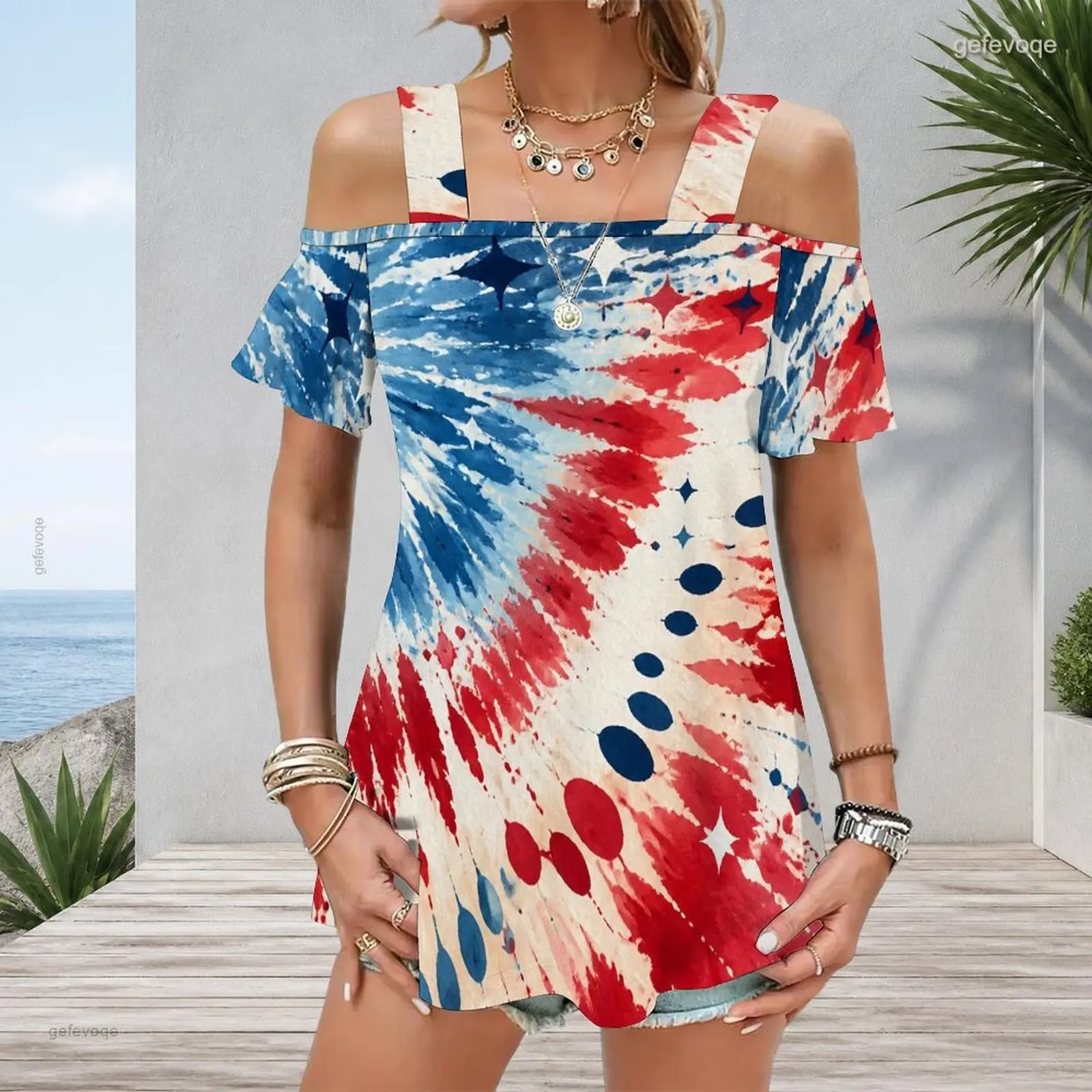 Women Printed Top Wide Straps Cold Shoulder Flutter Sleeve Straight Hem