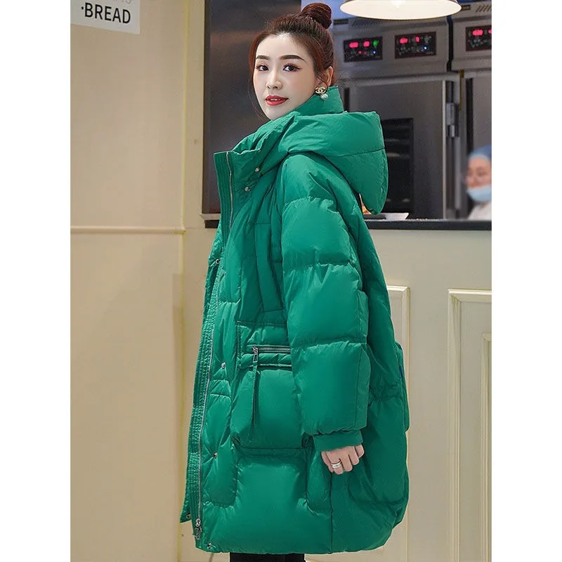 

2023 New Women Winter Loose Fitting Fashionable Down cotton Jacket Length Thickened Westernized Popular Overcoat Hooded Parkas