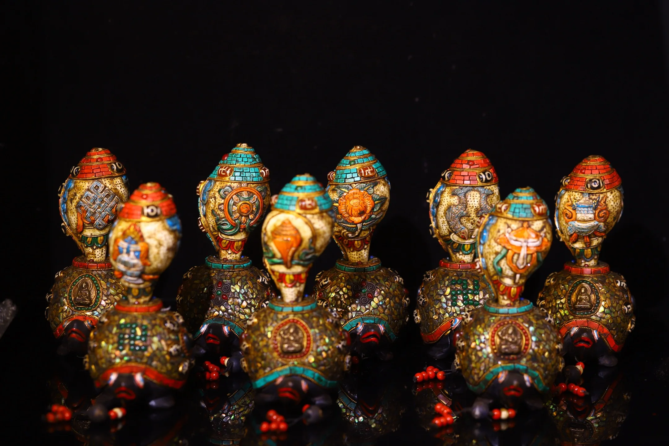 Old Meteorite Painted Mosaic Gem gZi Beads Turquoise Shell Turtle base Lucky Eight Treasures Conch a set Worship Hall