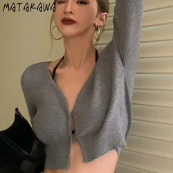 Matakawa V Neck Short Cardigans Solid Spring Autumn Korean Fashion Sexy Women Sweaters Chic Vintage Casual Sueteres Mujer