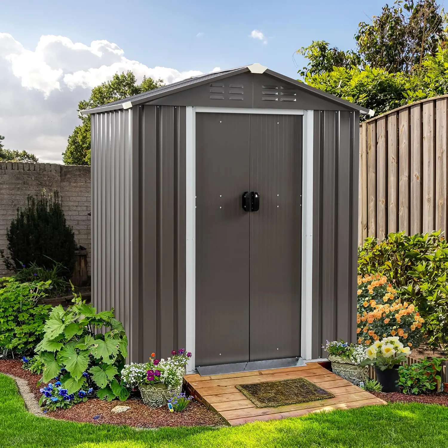 Storage Shed,Waterproof Metal Garden Sheds with Lockable Double Door,Weather Resistant Steel Tool Storage House Shed