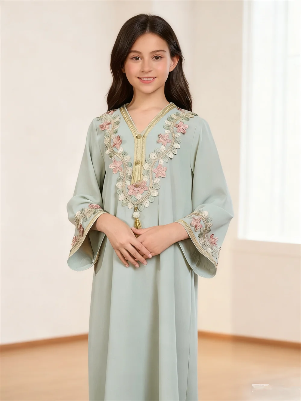 

Ramadan Muslim Girls Dress Applique Children Robe Arab Party Dresses Dubai Abaya Turkey Kaftan Djellaba Jalabiya Middle Eastern