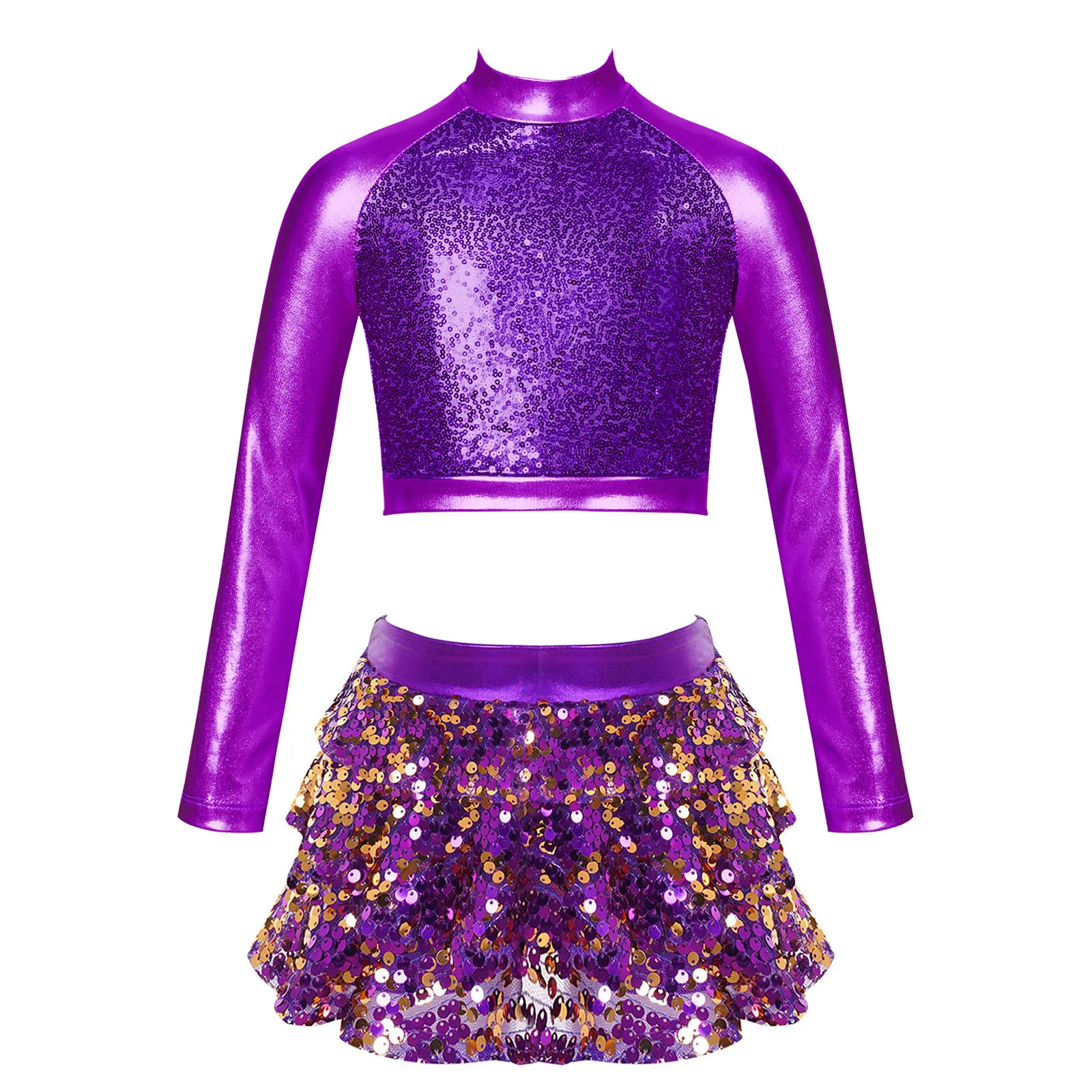 Kids Girls Shiny Sequins Ballet Dance Clothes Long Sleeve Tiered Crop Top+Skirt for Carnival Party Jazz Dance Stage Performance