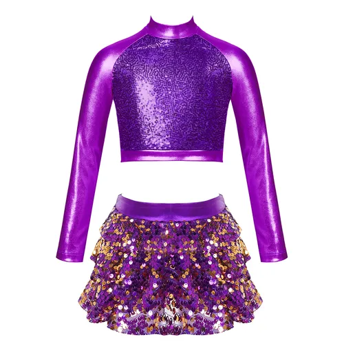 Imagen 2 del producto Trajes de baile de Jazz con lentejuelas brillantes para niños y niñas, leotardo de gimnasia y Ballet, Top corto + falda, ropa de actuación de salón de baile de Hip Hop