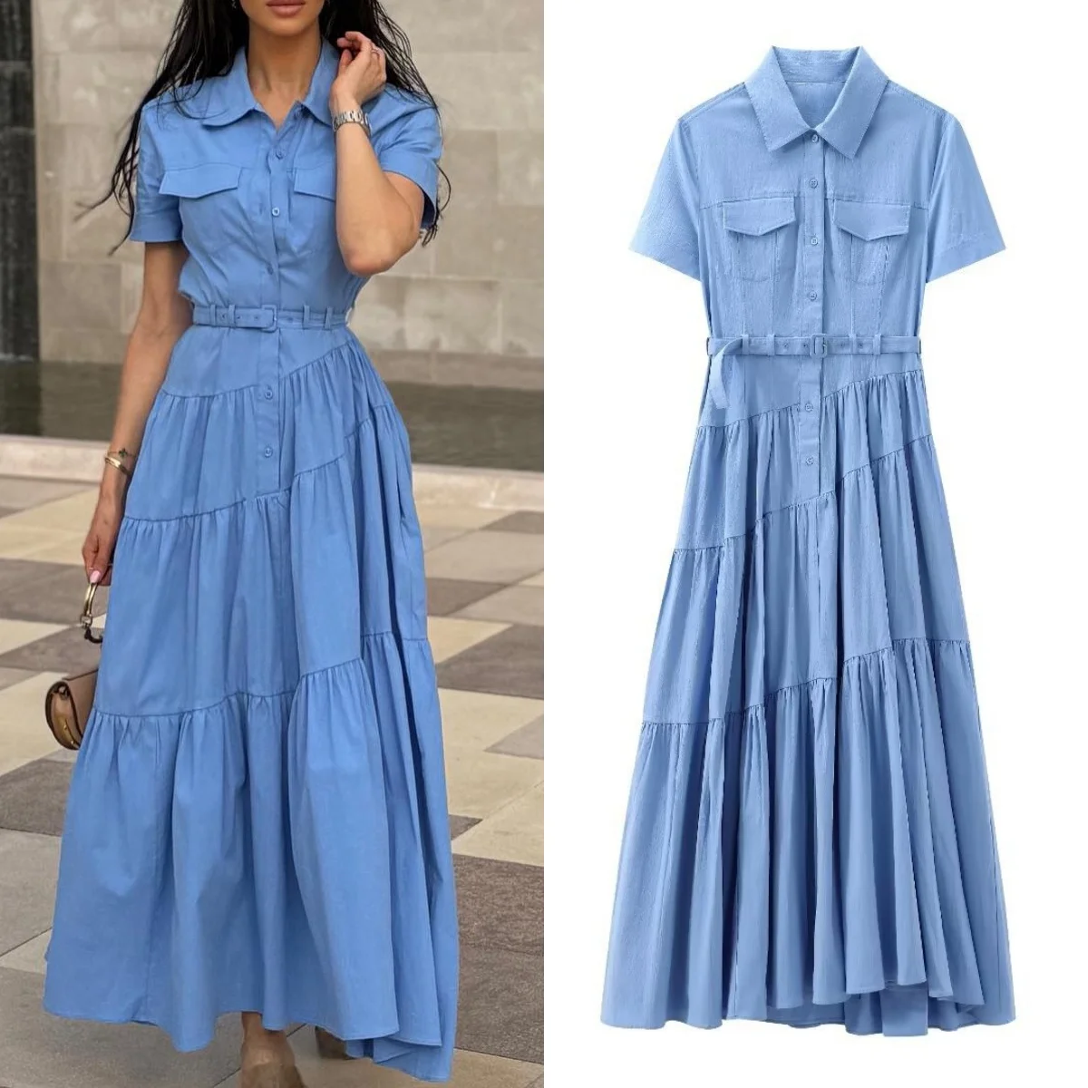 

TRAF Women's Pleated Long Dress Belted Shirt Midi Dress Women's Asymmetric Short Sleeve Elegant Party Dress 2024Summer New Style