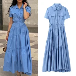 Women's Pleated Long Dress Belted Shirt Midi Dress Women's Asymmetric Short Sleeve Elegant Party Dress 2024Summer New Style