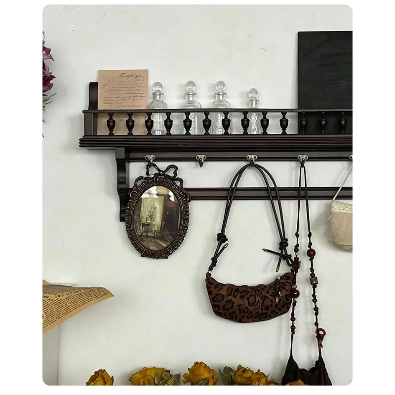 French retro solid wood hanger, wall hanging bag hanger on the wall of the entrance, clothes and hats storage rack 6