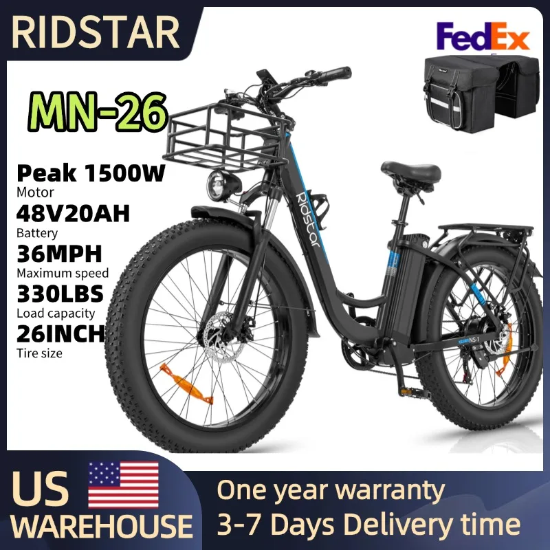 

Ridstar Electric Bike for Adults 1500W 36MPH 70 Miles 48V 20Ah Removable Battery 26" Fat Tire City Commuter EBike for Men MN-26