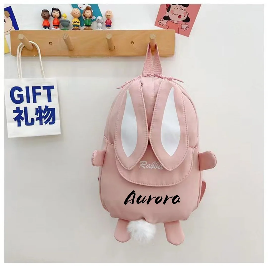 Sac à dos Kawaii personnalisé avec oreilles de lapin pour filles, pendentif ours moelleux, cartable scolaire pour enfants, mignon