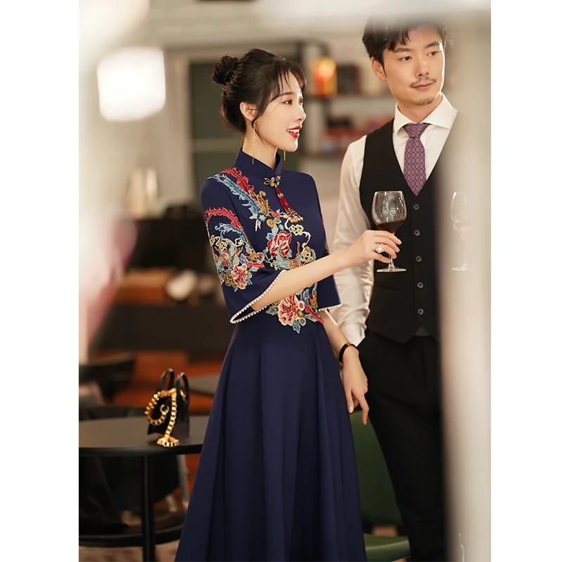 

Chinese Sle Evening Gown Women's Revised Host Performance Clothes Retro Aosphere Winter Faionable Dres