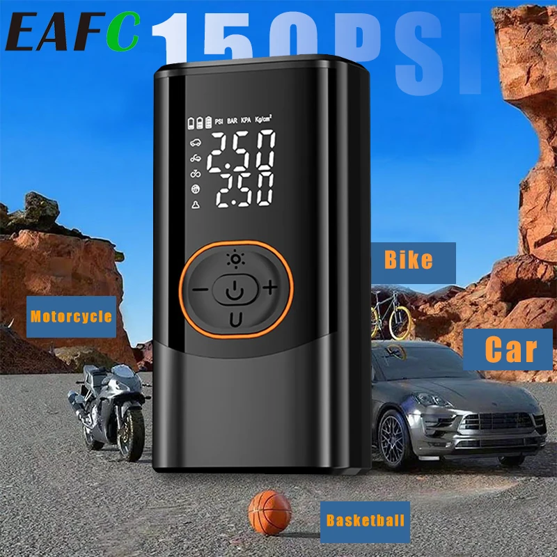 

EAFC 150PSI Беспроводной насос для автомобильных шин Портативный двойной экран Дисплей Смарт-насос Автоматическая остановка Светодиодный светильник для автомобильных шин Велосипеды Шарики ​ ​