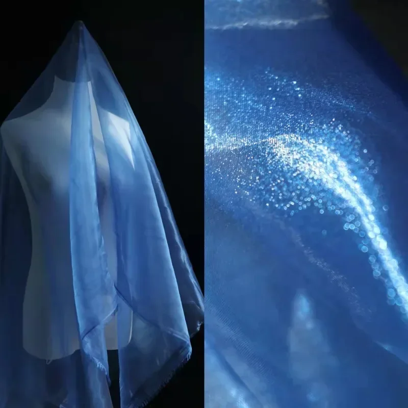 

Shiny Gauze Iridescent Blue Gold Organza Fabric Sewing Material Dress Stage Wedding Decor Voile Transparent 150cm Sold By Meter