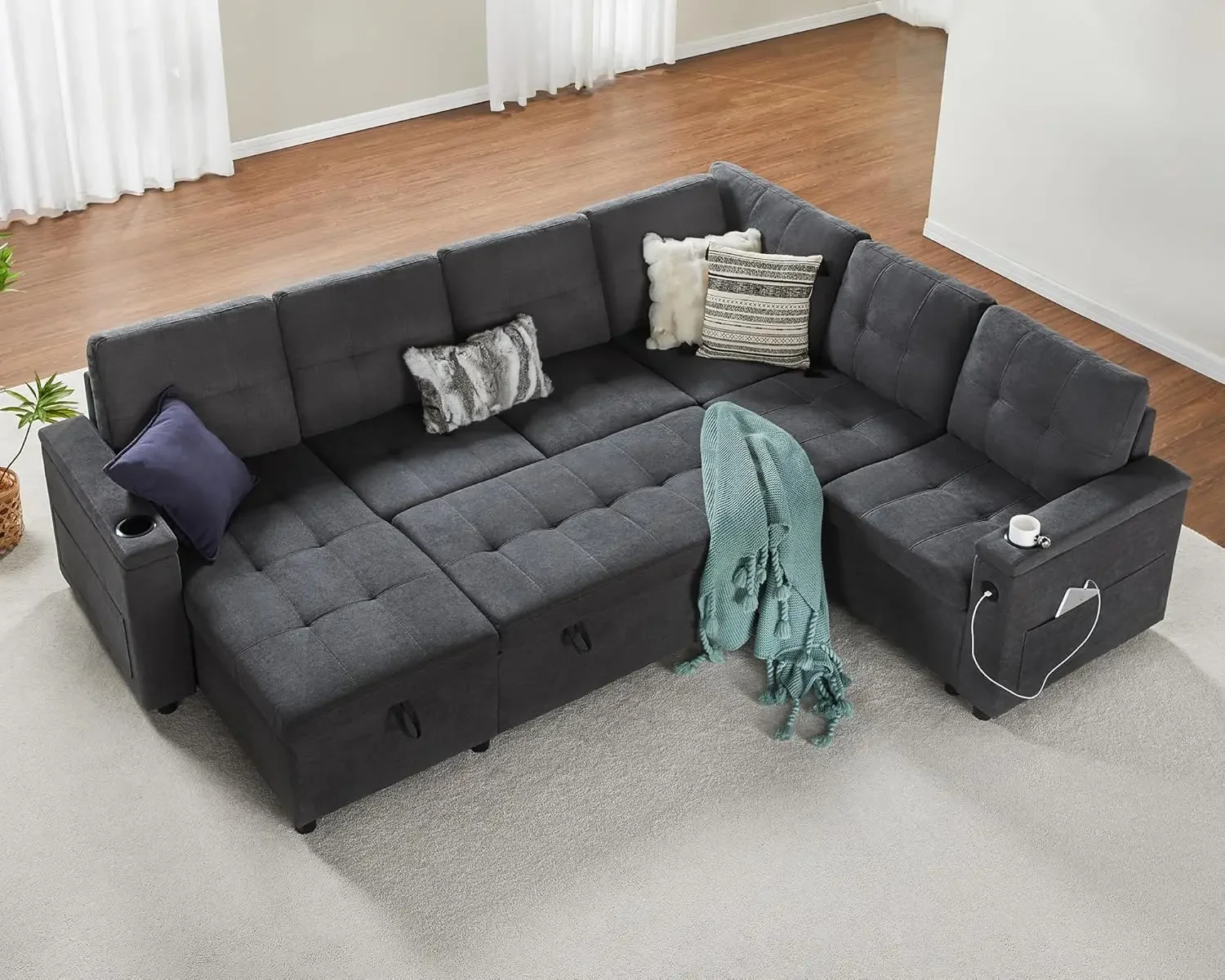 Sleeper Multi-Functional Couch Bed 110 inch with USB Charging Ports & Cup Holders Pull Out Sofa Bed U-Shaped Couch Dark Grey